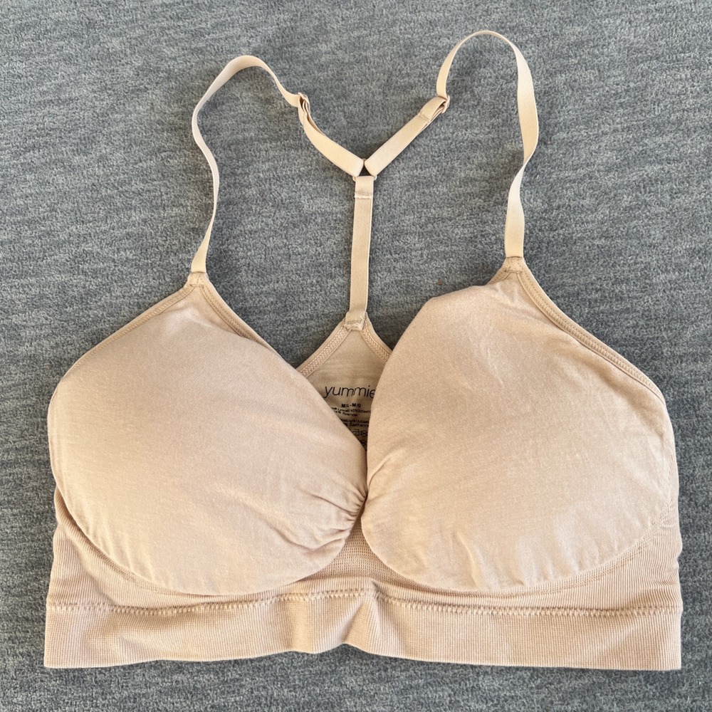 Yummie Bralette Women M/L Athletic Racerback Padded Adjustable Straps Beige EUC‎